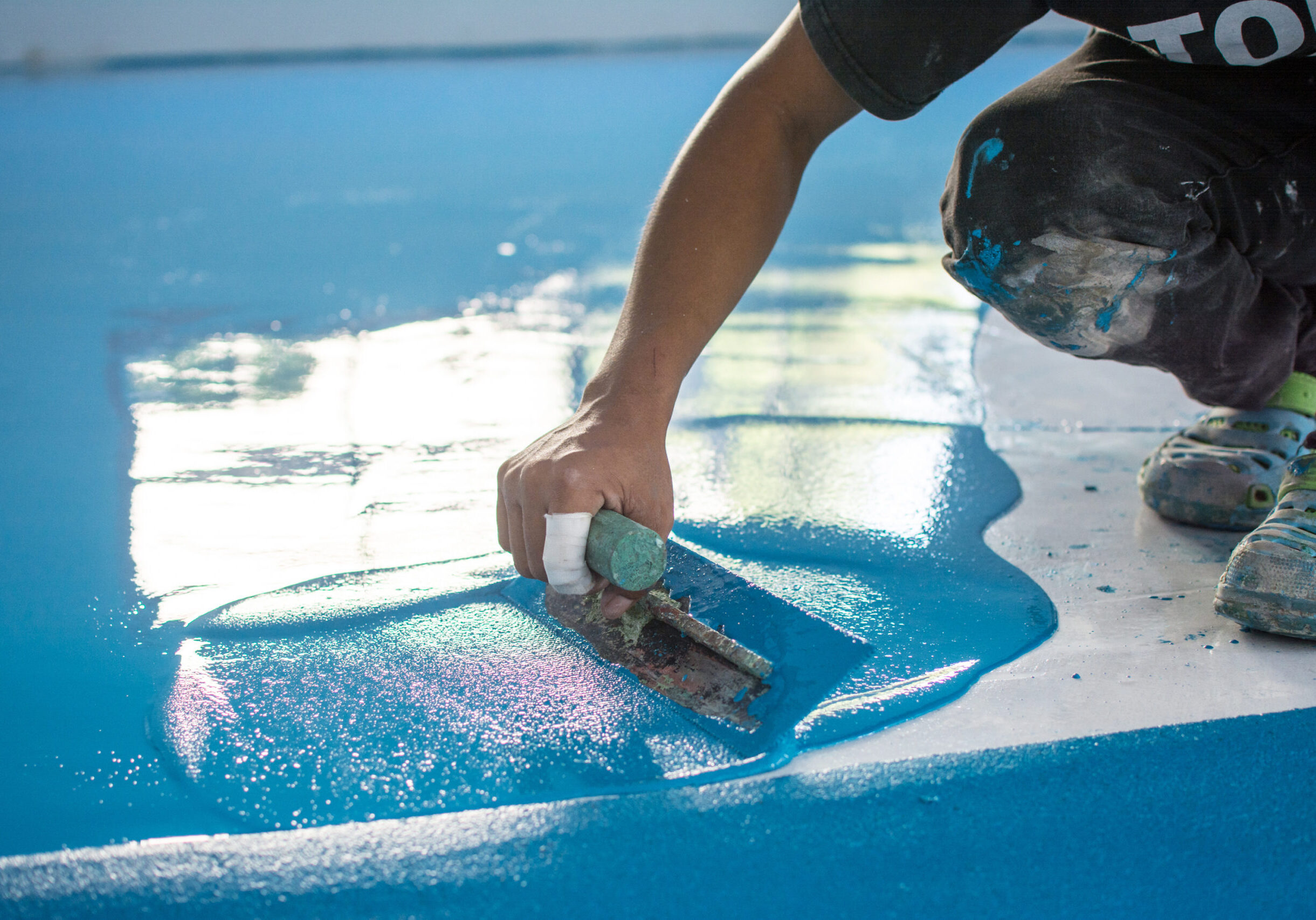 Self-leveling blue epoxy floor